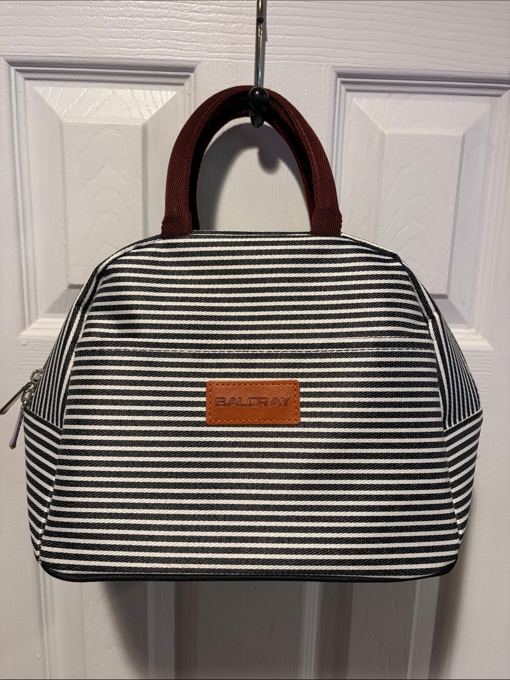 Baloray Black & White Striped Insulated Lunch Case with Brown Handles